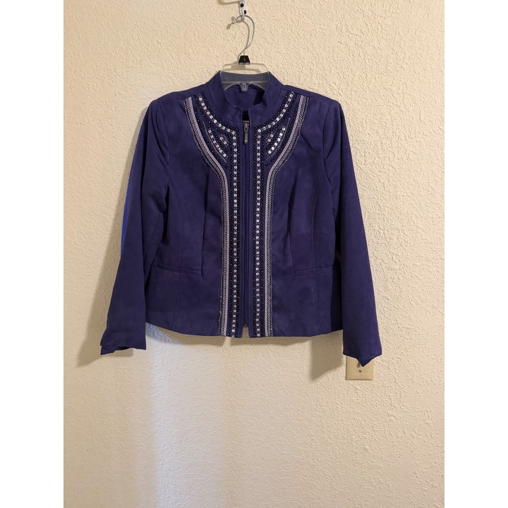 TanJay Womens Purple Faux Suede Embroidered Sequin Zip Jacket‎ Petite 8P